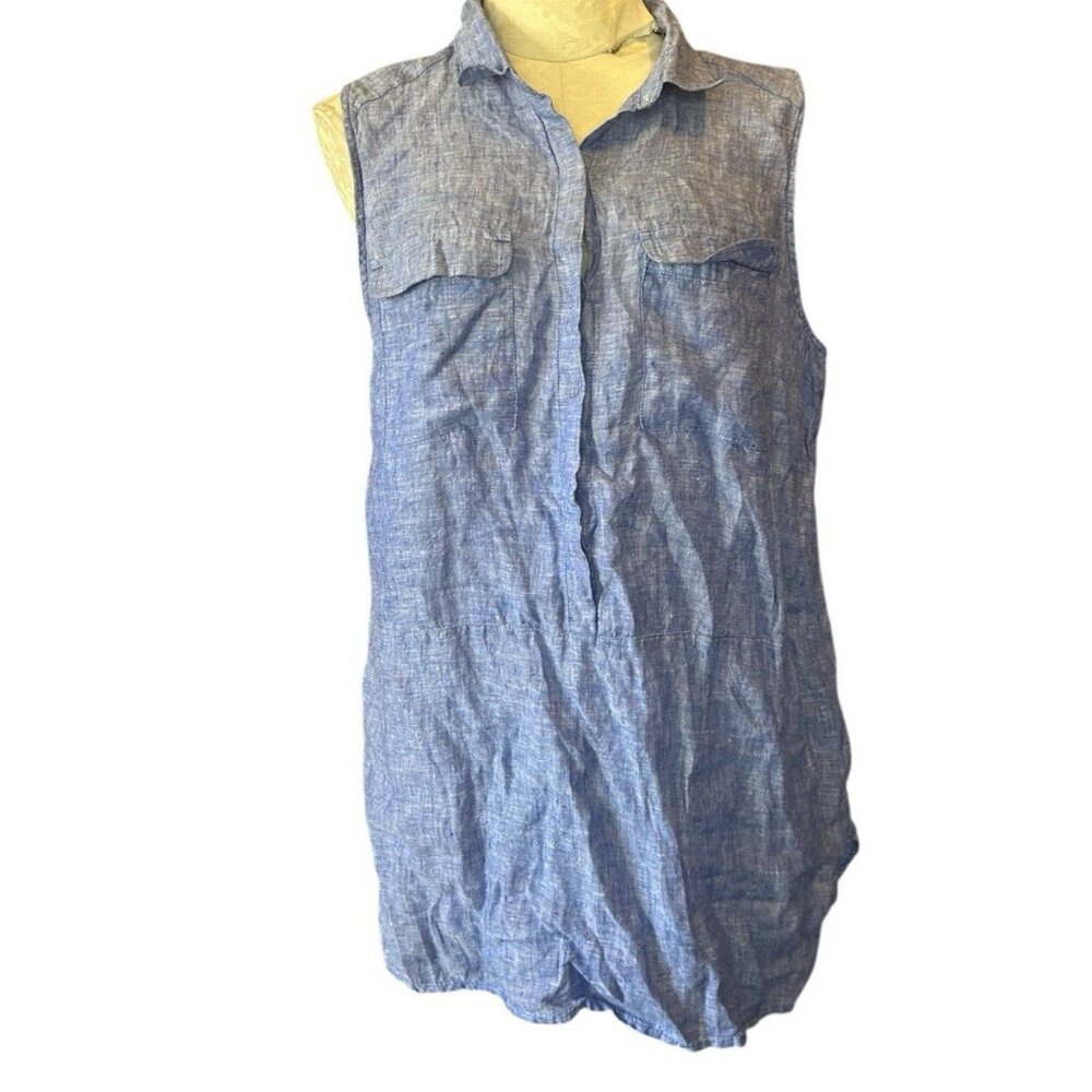 Jones’s New York Sleeveless Collared Blue Linen Dress Sz L Casual Minimalist